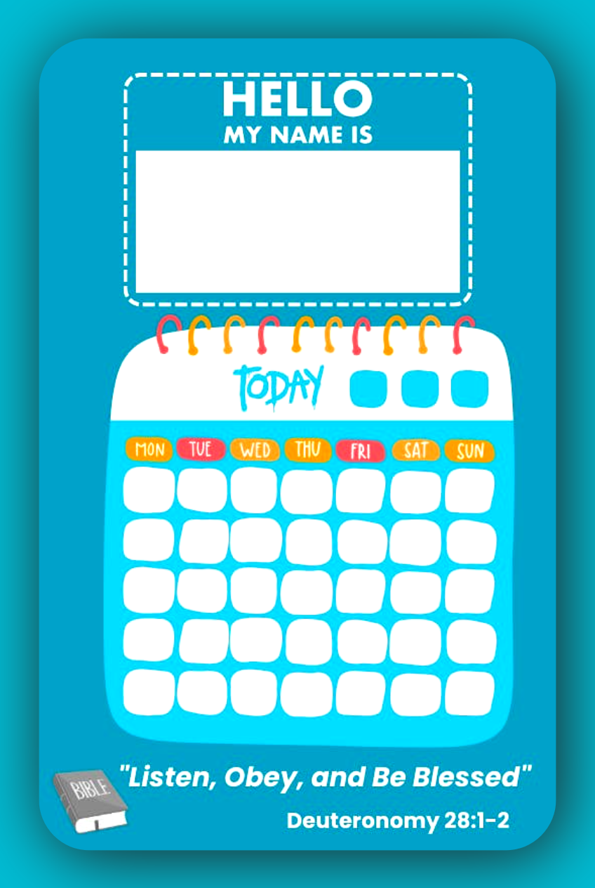 Interactive Name Tag and Calendar for JW Kids in vibrant pink and purple colors, designed for girls aged 4–6 to enhance their meeting experience.