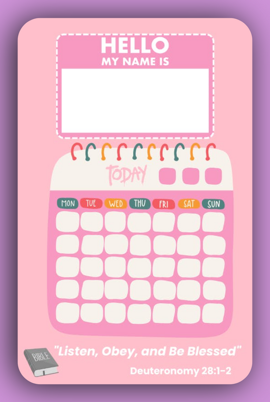Interactive Name Tag and Calendar for JW Kids in vibrant pink and purple colors, designed for girls aged 4–6 to enhance their meeting experience.