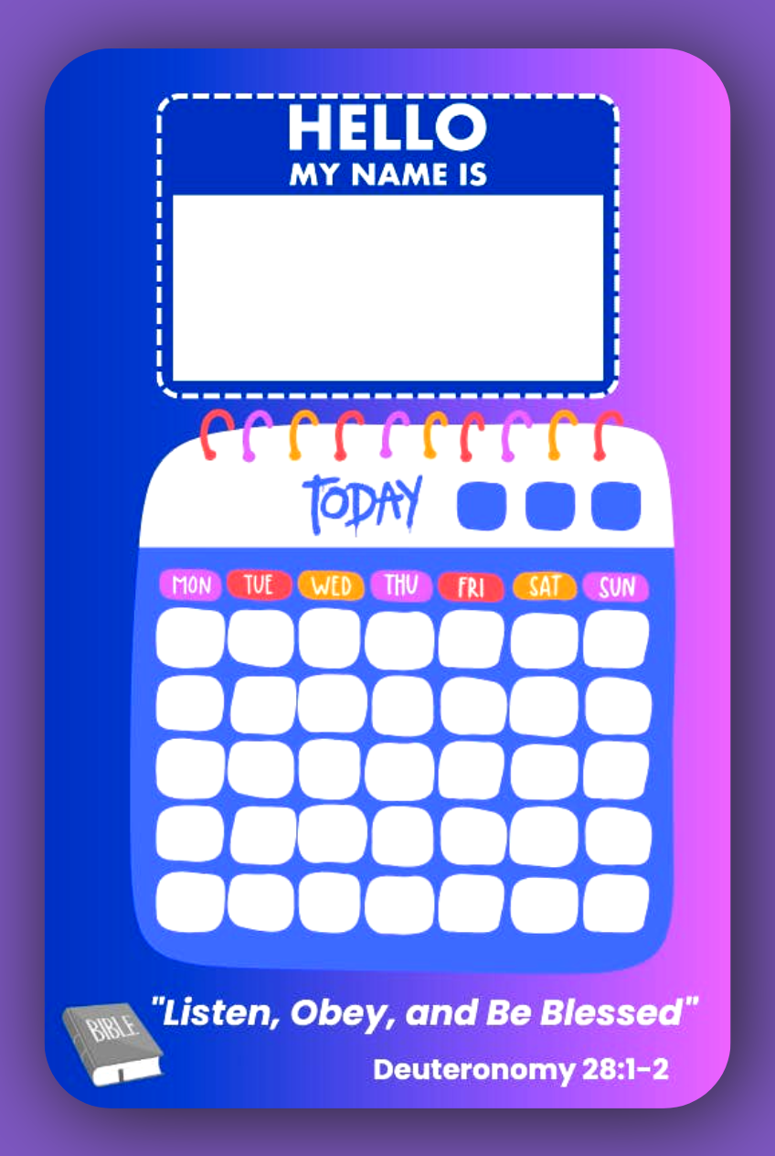 Interactive Name Tag and Calendar for JW Kids in vibrant pink and purple colors, designed for girls aged 4–6 to enhance their meeting experience.