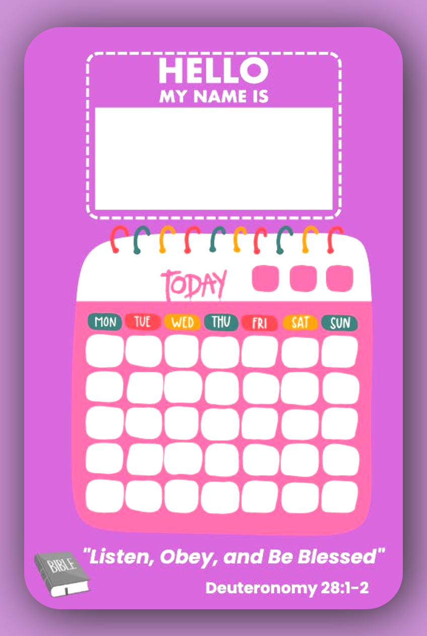 Interactive Name Tag and Calendar for JW Kids in vibrant pink and purple colors, designed for girls aged 4–6 to enhance their meeting experience.