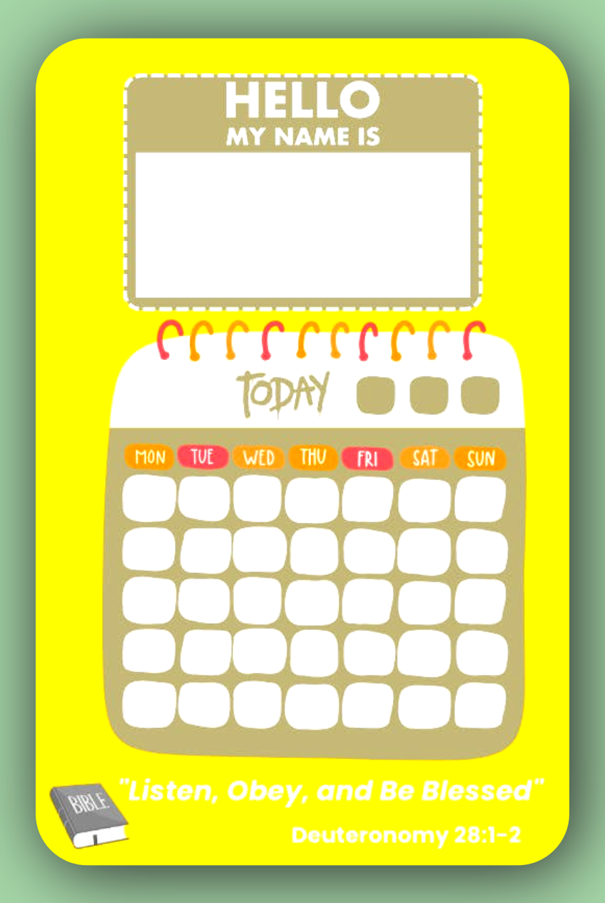 Interactive Name Tag and Calendar for JW Kids in vibrant pink and purple colors, designed for girls aged 4–6 to enhance their meeting experience.
