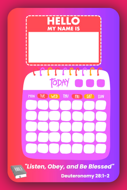 Interactive Name Tag and Calendar for JW Kids in vibrant pink and purple colors, designed for girls aged 4–6 to enhance their meeting experience.