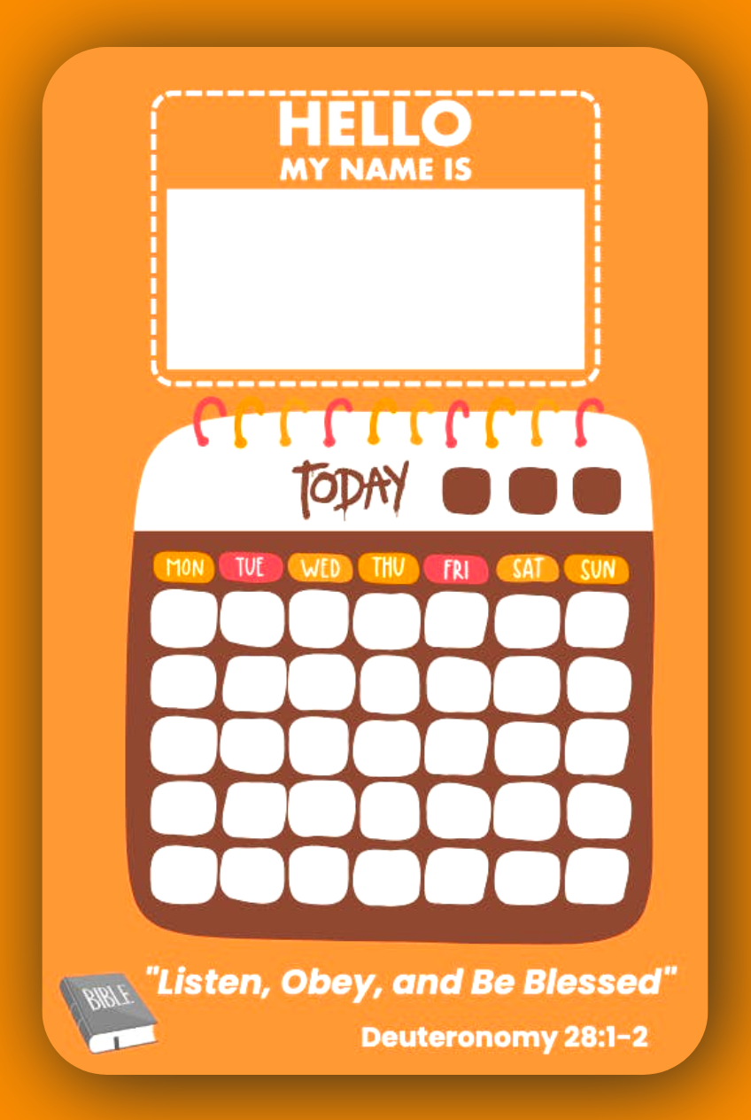 Interactive Name Tag and Calendar for JW Kids in vibrant pink and purple colors, designed for girls aged 4–6 to enhance their meeting experience.