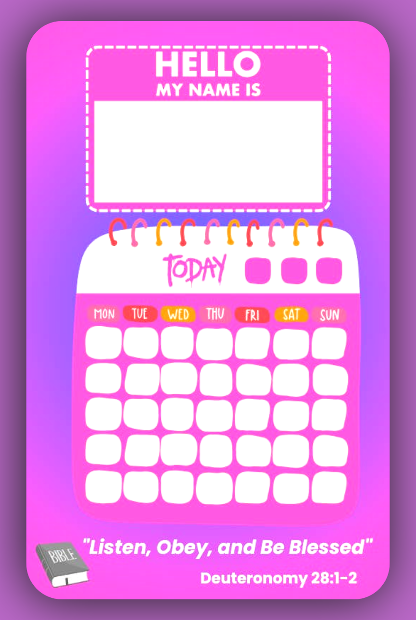 Interactive Name Tag and Calendar for JW Kids in vibrant pink and purple colors, designed for girls aged 4–6 to enhance their meeting experience.