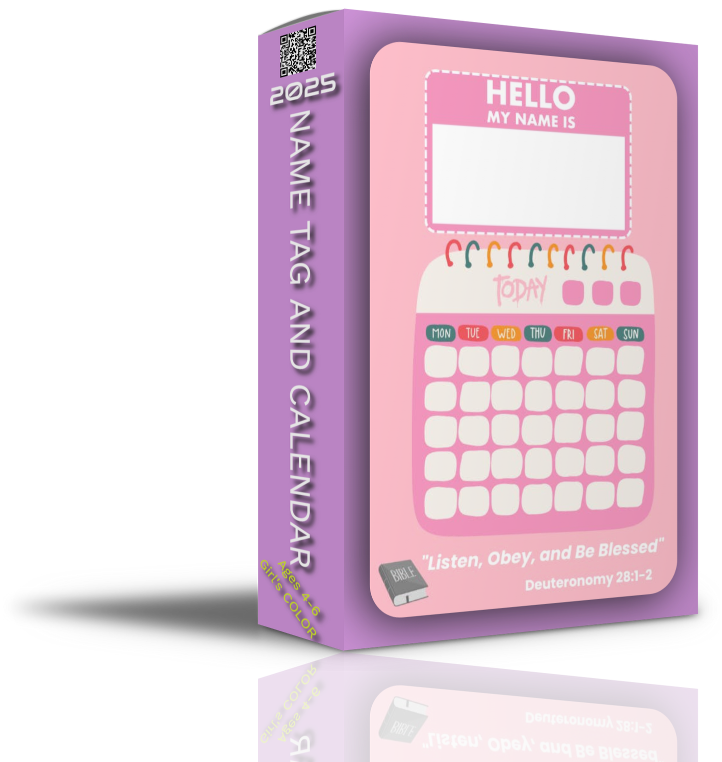 Interactive Name Tag and Calendar for JW Kids in vibrant pink and purple colors, designed for girls aged 4–6 to enhance their meeting experience.