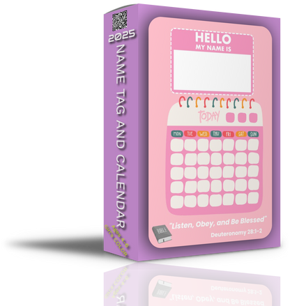 Interactive Name Tag and Calendar for JW Kids in vibrant pink and purple colors, designed for girls aged 4–6 to enhance their meeting experience.