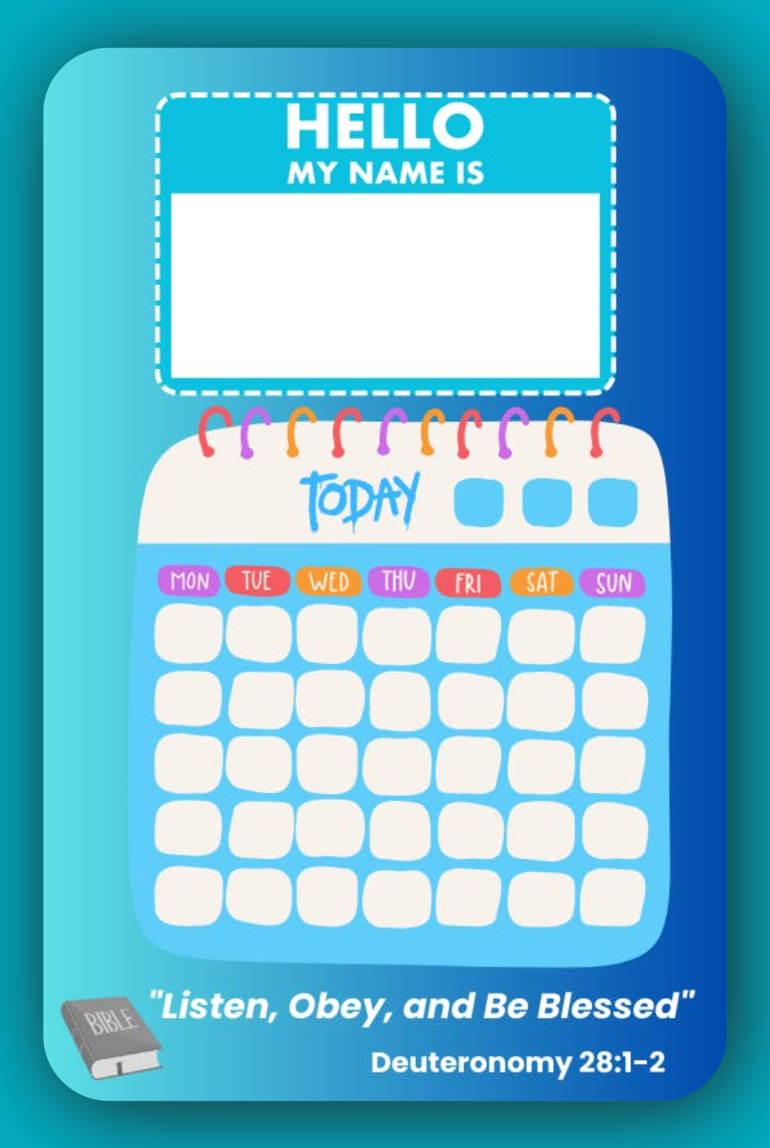Interactive Name Tag and Calendar for JW Kids in vibrant pink and purple colors, designed for girls aged 4–6 to enhance their meeting experience.