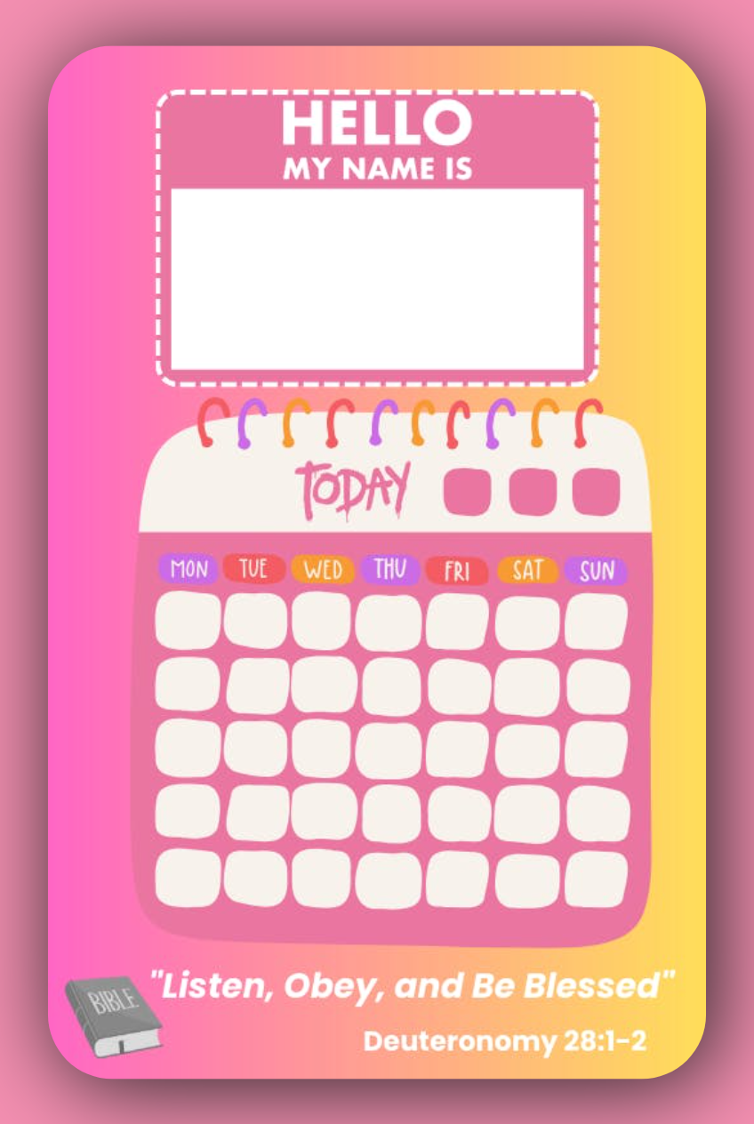 Interactive Name Tag and Calendar for JW Kids in vibrant pink and purple colors, designed for girls aged 4–6 to enhance their meeting experience.